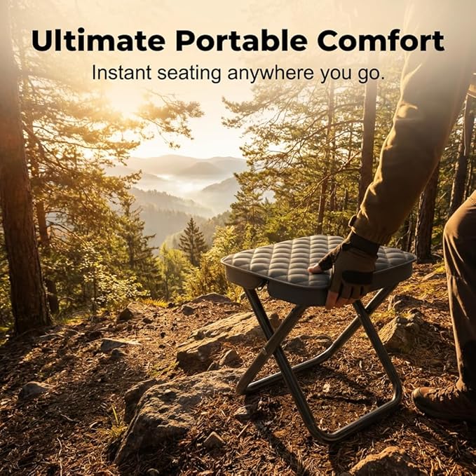 Foldable Backpack Stool Portable Folding Chair for Adults Collapsible Camping Stool with Carry Strap &amp Storage Pouch Heavy Duty Compact Travel Seat for Hiking Fishing Outdoor (Black)