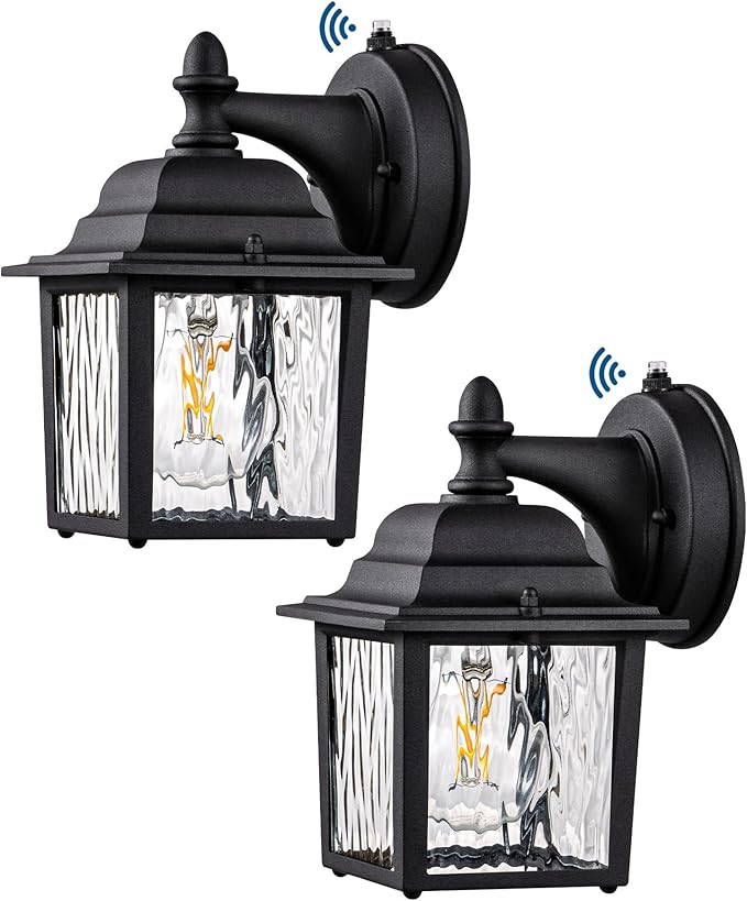 EDISHINE 2 Pack Outdoor Porch Light Dusk to Dawn Exterior Lighting Fixtures Modern Outdoor Wall Lights Fixture Clear Water Ripple Glass Anti-Rust Waterproof for Front Door Garage Patio Black