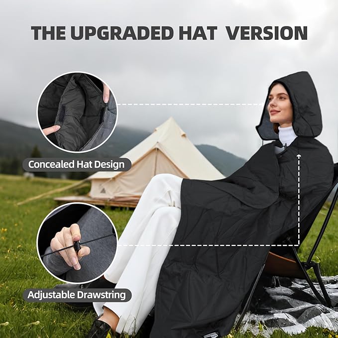 Large Outdoor Waterproof Blanket Extra Thick Fleece Stadium Blanket for Camping Car Pet Picnics - Windproof Wearable Machine Washable 80 x 58 (Black GrayHooded)
