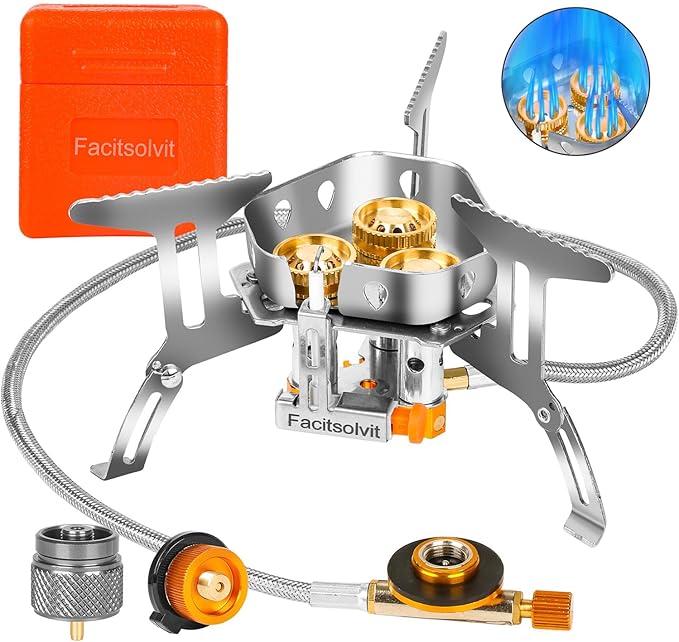 9900W Windproof Camping Gas Stove Portable Camping Stove with Piezo Ignition 1LB Propane Tank Adapter Butane Adapter for Outdoor Cooking Picnic Camping and Hiking
