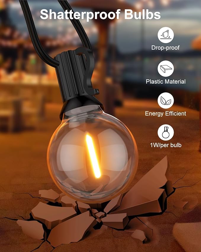GLUROO 200FT(100FT*2PC) Outdoor String Lights G40 LED Patio Lights with 100+4 Bulbs Waterproof Shatterproof Dimmable Globe Hanging Outdoor Patio Lights Cafe Bistro Outside Lights for Patio