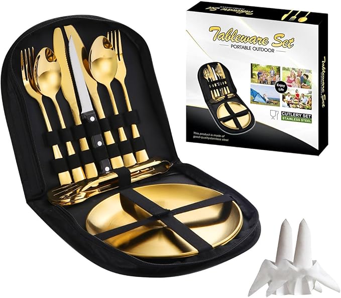 Camping Mess Kits with Portable Case Stainless Steel Outdoor Picnic Dinnerware Set with Plate Spoon Fork Knife Cloth Napkins