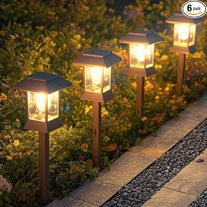 6Pack Solar Pathway Lights Outdoor Waterproof IP65 Brown Solar Lights Outdoor with Hook Upgraded 1000mAH Battery Up to 12Hrs Auto On/Off Garden Decor for Yard Driveway Walkway (Bulb)