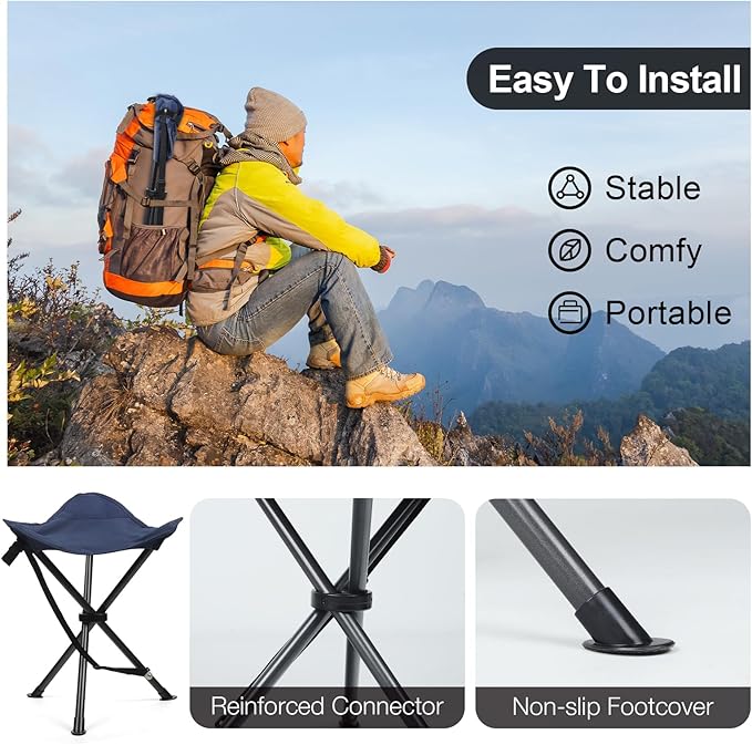 18 Folding Tripod Stool for Adults Heavy Duty Lightweight Portable Three Leg Tall Camping Stool Collapsible Backpacking Tripod Seat Chair for Fishing Hunting Support 225 lbs Blue