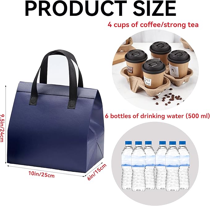100 Pcs Insulated Take Away Bags Disposable Lunch Bags For Food Takeaways Coffee Milk Tea Seafood Pizza For Restaurants And Grocery Shops 9.5 x 6 x 10 In (Navy Blue)