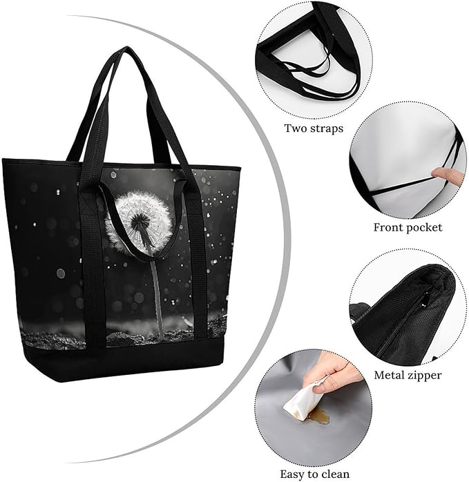 Insulated Shopping BagLarge Reusable Cooler Bags Dandelion Black And White Printed Foldable Shopping BagTravel Waterproof Shoulder Bag