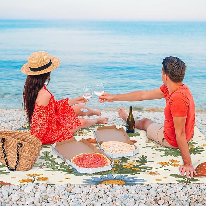 Waterproof Sandproof Beach Blanket 59''×68'' Mushrooms Polyester Outdoor Picnic Blanket with 4 Stakes &amp Storage Bag for BeachCampingVacation Wildflowers