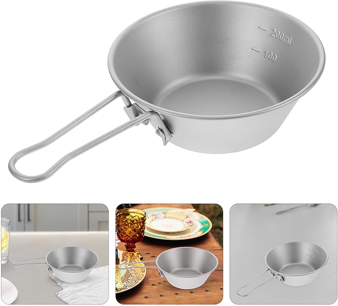 Titanium Camping Bowl with Folding Handle Korean Rice Mixing Bowl Portable Lightweight Salad and Soup Dish for Outdoor Hiking Travel Picnic