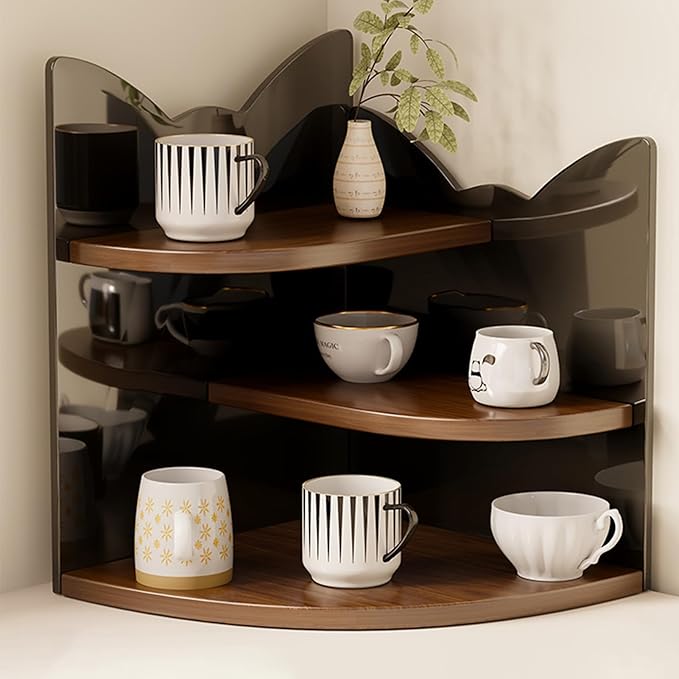 Corner Shelf Storage Rack Tree Shape Design 3-Tier Kitchen Organizer for Mugs Coffee Cups Space-Saving Desktop Storage Rack for Countertop Spice Rack Makeups Bookshelf (Brown Cat)