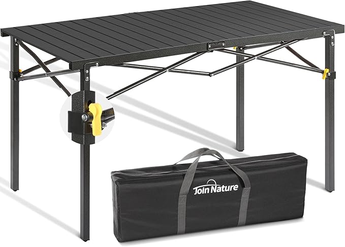 Portable Outdoor Camping Table Large for 2-6 Person - Foldable Camp Table with Aluminum Roll-Up Top &amp Carry Bag for BBQ Tailgating Backyard 220 Lbs Capacity Stable &amp Sturdy (Black)