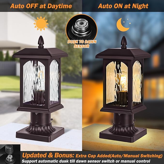Brown Dusk to Dawn Outdoor Post Lights - 2 Packs Oil Rubbed Bronze Post Lights with Pier Mount Base Rustic Hard Wired Pole Outdoor Lighting Waterproof Pillar Lantern Outside for Pathway Patio