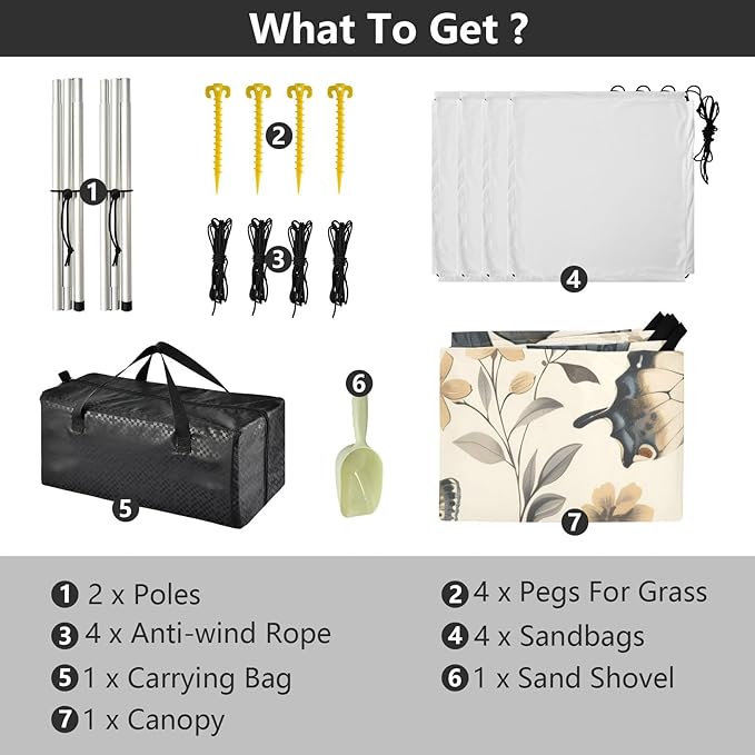 Butterflies Beige Pattern Beach Tent Sun Shelter 9.2' x 10.5' Beach Canopy with 4 Sandbags 4 Stability Poles Sand Shovels - Tent Canopy for Beach Camping Fishing Picnics