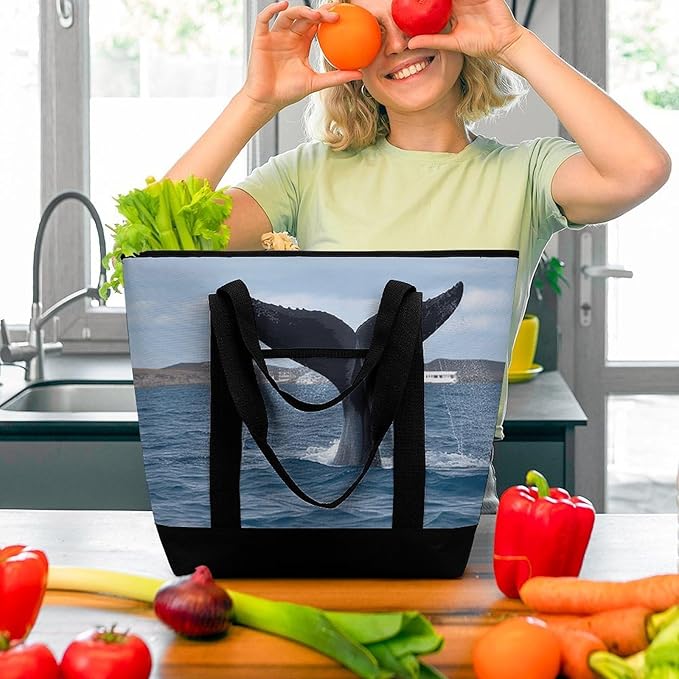 Insulated Shopping BagLarge Reusable Cooler Bags Whale Tail Printed Foldable Shopping BagTravel Waterproof Shoulder Bag