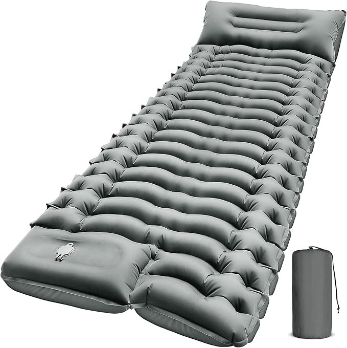 Camping Sleeping Pad with Pillow Built-in Foot Pump Inflatable Sleeping Pads Compact for Camping Backpacking Hiking Traveling - Gray