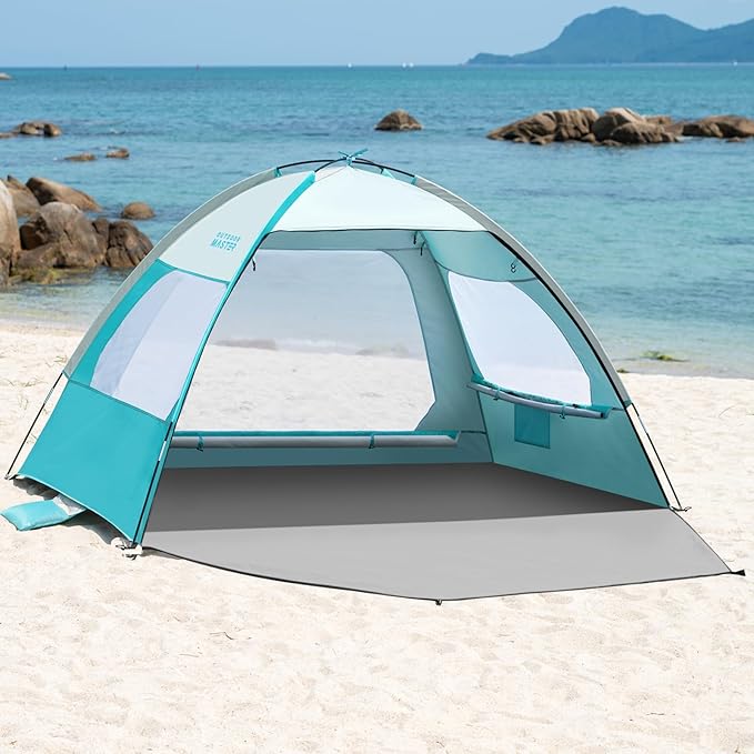 OutdoorMaster Beach Tent for 3/4/6/8 Person - Easy Setup Sun Shade Shelter Portable Beach Shade Sun Canopy with UPF 50+ UV Protection Removable Skylight Family Size