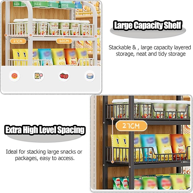 5-Tier Black Floor Standing Display Rack with Hooks Potato Chip Shelf Organizer for Kitchen &amp Commercial Use Ideal for Break Rooms &amp Pantries (Size: 60x27cm)