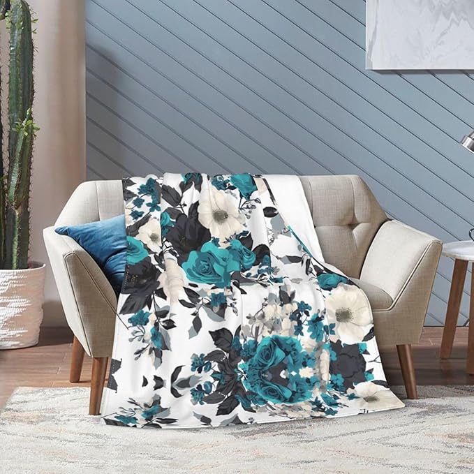 Blankets 60x50 - Lightweight Durable and Compact Anti-Wrinkle Blanket for Bed Sofa Camping Cinema and Travel Black White Teal Gray Rose Flowers Printed