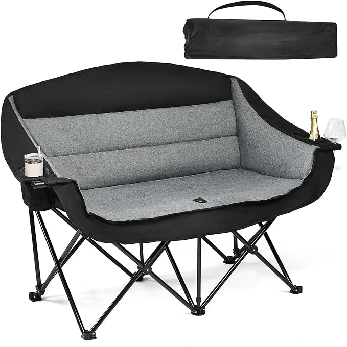 Double Camping Chair Loveseat - 2 Person Oversized Camping Couch for Adults Padded Heavy Duty Outdoor Lawn Beach Portable Folding XL Chairs with Cup Holders and Carry Bag Support 600lbs Black/Grey