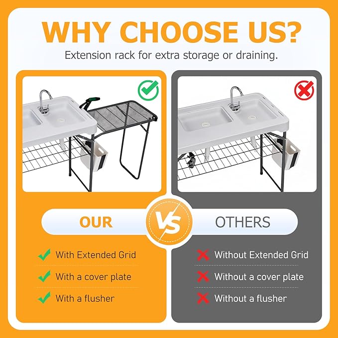 Outvita Fish Cleaning Table 42.5 HDPE Outdoor Fish Cleaning Station with Sink Extended Grid and Trash Can 360° Stainless Steel Faucet Drainage Hose Working Platform for Camping Food Handling