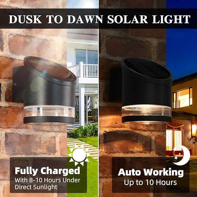 HFVLITE Solar Wall Light Outdoor Dusk to Dawn Aluminum Wall Sconce IP54 Waterproof Cordless LED Decor Light Fixture for Porch Deck Fence Patio Front Door Stair Warm White Black 1-Pack