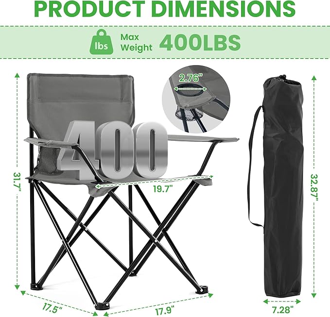 2 Pack Portable Camping Chairs Folding Lawn Chair Outdoor Lightweight Beach Chair with Cup Holder &amp Carry Bag for Outside Sports Fishing Hiking Travel Picnic Backyard (Grey Medium)
