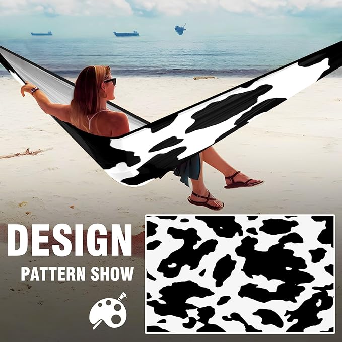 Outdoor Camping Hammock Cow Print Pattern Double Single Hammocks with 2 Tree Straps Lightweight Portable Heavy Duty Nylon Hammocks for Backpacking Travel Beach Backyard Patio Hiking