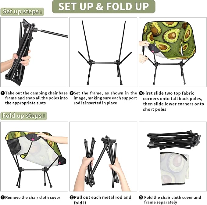 Honeybaby Folding Camping Chair Yummy Avocado Camping Chairs Lightweight Portable Chair Outdoor Foldable Chairs for Camping Travel Picnic Beach Hiking