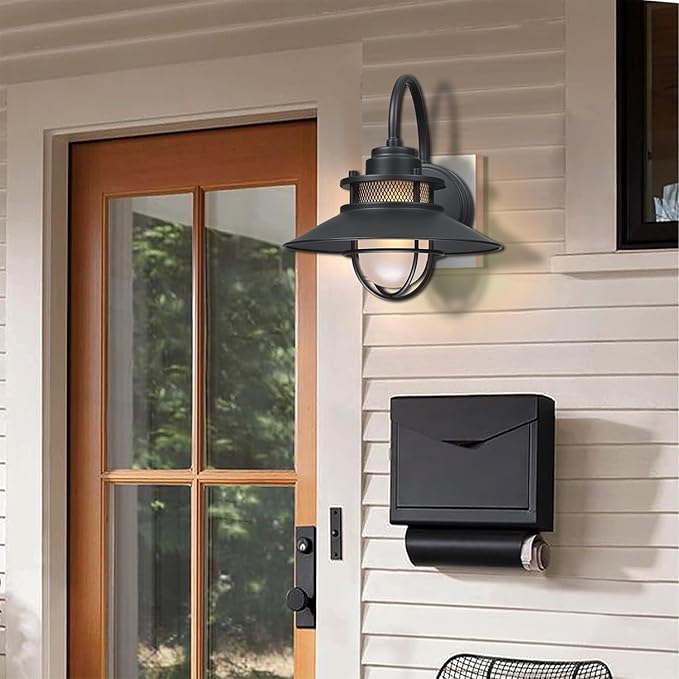 Outdoor Gooseneck Barn Light Fixture with Cage - Exterior Wall Sconce Farmhouse Gooseneck Light Outdoor Porch Sconce for Garage Coastal Lantern for Outside