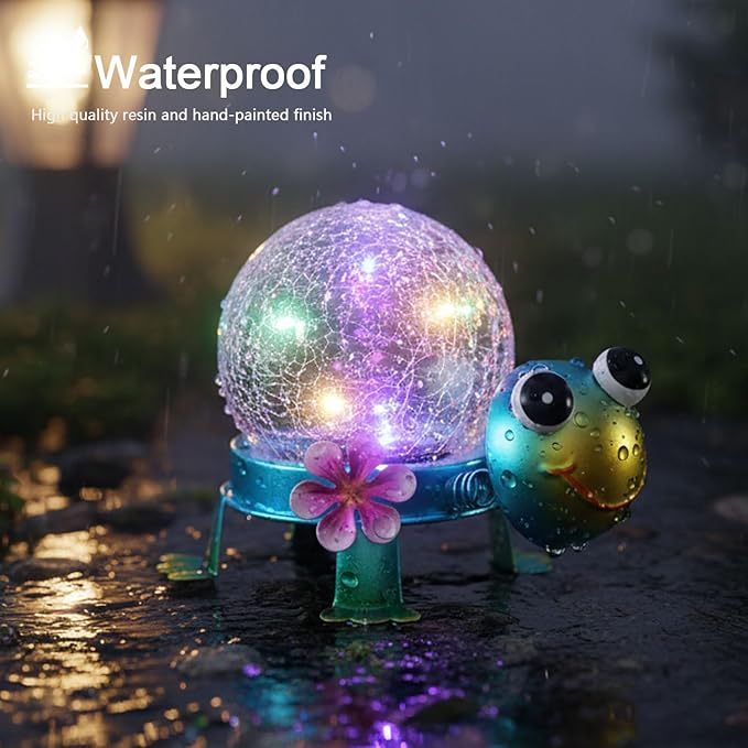 Solar Lights Outdoor Turtle Garden Decor with Crackle Glass Globe Lights - Cute Metal Turtle Statue for Yard Lawn Patio Porch Pathway Tabletop Housewarming Gifts for Mom Women