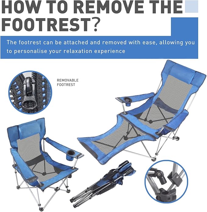 Reclining Folding Camping Chair with Removabel Footrest Adjustable Folde Camping Chair with Foot Rest Camp Lounge Outdoor Beach Chair Mesh Reclining Design with Pillow Cup Holder Blue Mesh