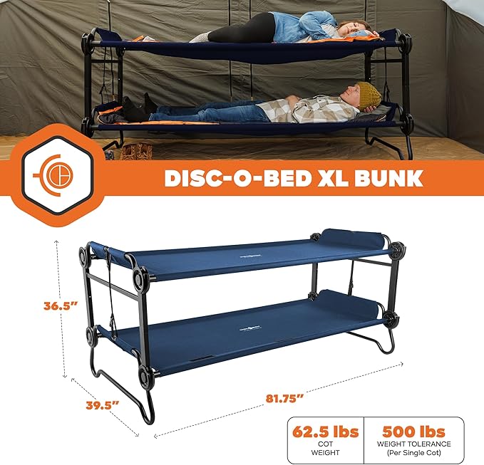 Disc-O-Bed Extra Large Portable Bunk Camping Cots with Carry Bags - Heavy-Duty Indoor or Outdoor Sleeping System Converts to Bench or Separate Beds 500 lb Weight Capacity Per Cot Navy