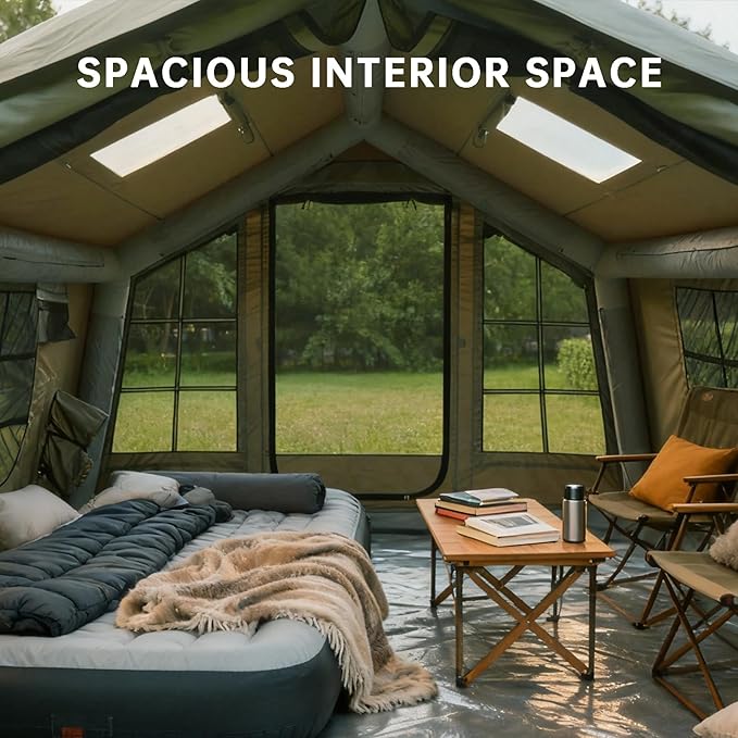 8㎡ Luxury Inflatable Camping Tent for 3-8 People UV-Resistant 4-Season Family Tent with Chimney Port &amp Skylight Oxford Fabric or Tech Cotton – White Tank Gray Aurora Green
