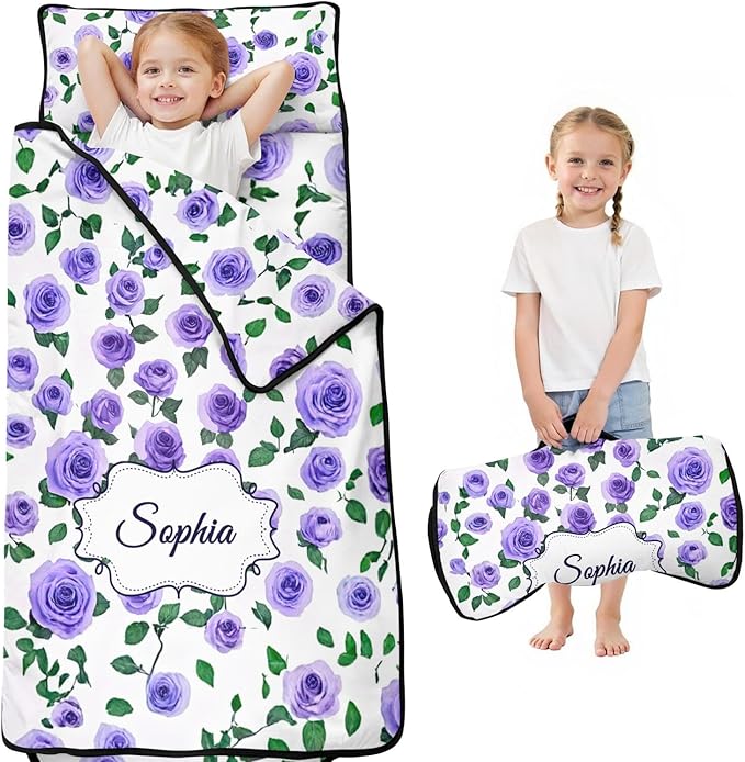 Custom Toddler Nap Mat with Name – Personalized Sleeping Bag for Kids with Pillow and Blanket Roll-Up Design
