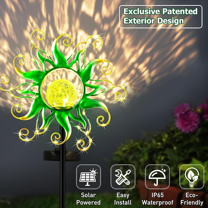Solar Garden Lights Outdoor Green Metal Sun Stake with 30 LED Waterproof Vine String Crackle Glass Spring Decor for PatioYardrLawn Gardening Birthday Gifts