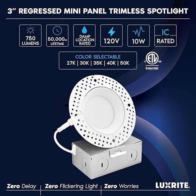 LUXRITE 3 Inch Trimless LED Recessed Light with Junction Box 5CCT Selectable 2700K-5000K 10W 750LM Dimmable Wet &amp IC Rated Canless Downlight ETL Listed New Construction and Remodel (6 Pack