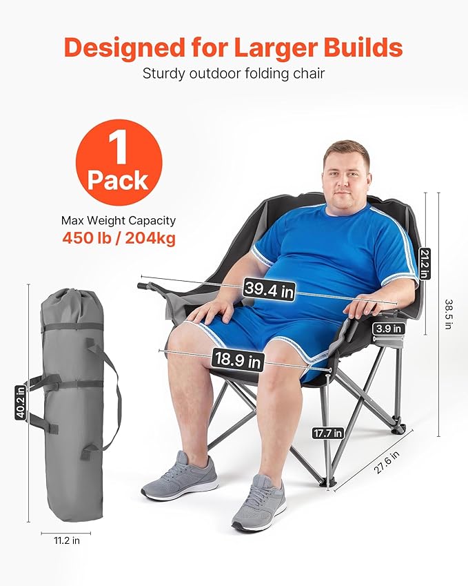 VEVOR Oversized Camping Chairs 450 lbs Heavy Duty Support Portable Padded Folding Camp Chairs with Dual Cup Holders &amp Wine Glass Holders Carry Bag for Outdoor Fishing Black &amp Gray 1 Pack