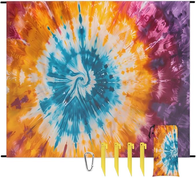 Waterproof Sandproof Beach Blanket 59''×68'' Pattern Tie Dye Polyester Outdoor Picnic Blanket with 4 Stakes &amp Storage Bag for BeachCampingVacation Multi-Color