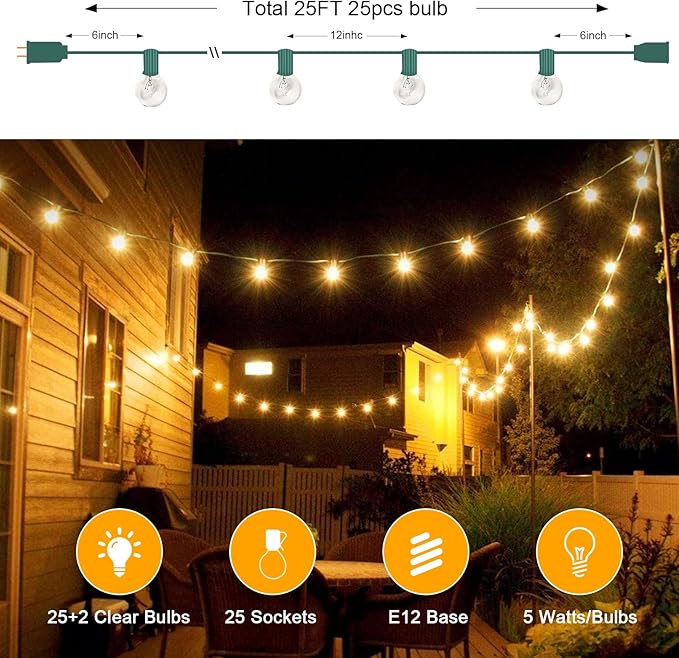 25Ft Christmas Outdoor String Light G40 Globe Patio Lights with 27 Clear Glass Bulbs(2 Spare) Waterproof Connectable Hanging Christmas Lights for Backyard Porch Balcony Party Xmas Decor Green Wire