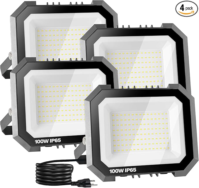 4 Pack LED Flood Lights Outdoor 100W 10000LM Super Bright Floodlight Outside Work Light with 5.9FT Plug IP65 Waterproof 6000K Outdoor LED Flood Light for Garage Yard Lawn Garden