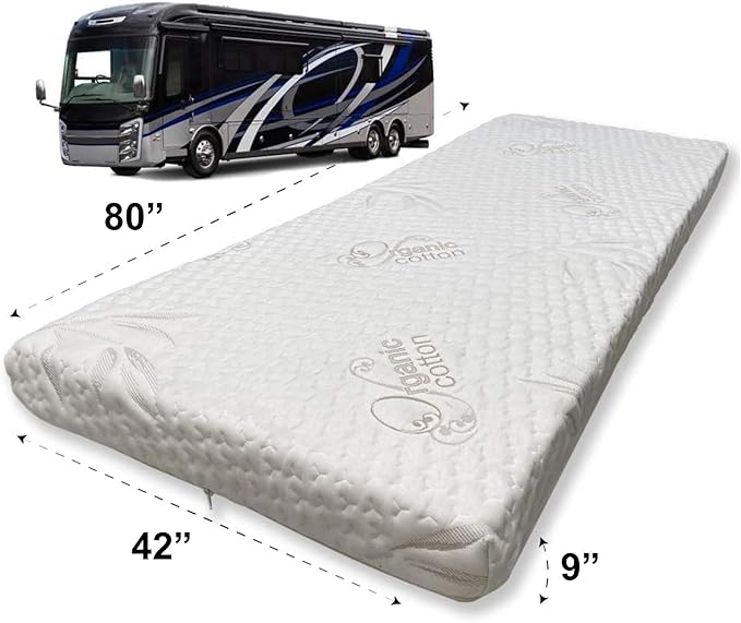 Foamma 9” x 42” x 80” Camper/RV Travel High-Density Foam Bunk Mattress Organic Cotton Cover Made in USA Comfortable Travel Trailer CertiPUR-US Certified