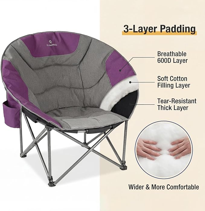 Oversized Camping Moon ChairsFolding Round Padded Sofa Chair for AdultsOutdoor Lawn Chairs w/Side PocketPerfect for IndoorFamily CampingPicnics and GardenPurple&ampGrey