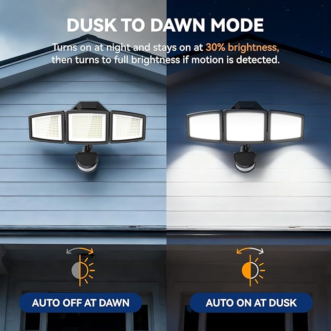 LED Security Lights Motion Sensor Light Outdoor 7000LM 6500K Waterproof Flood Light Outdoor Motion Detector with Adjustable 3 Head Hardwired Wall Light for Entryway Yard Garage