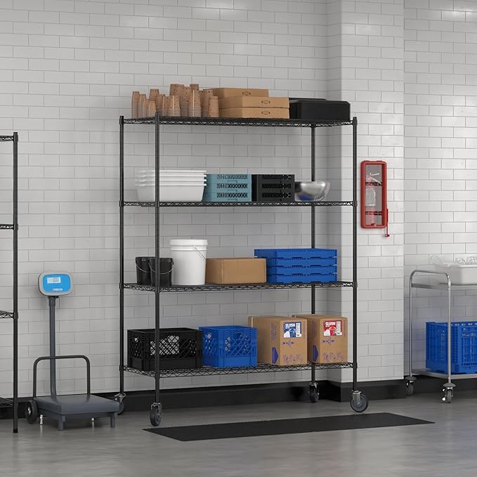 Commercial NSF Listed Black Epoxy Mobile Wire Shelving Kit 24 x 60 x 80 with 4 Shelves Perfect for Warehouse Walk-in Refrigerator Freezer Grocery Store Restaurant Dishroom