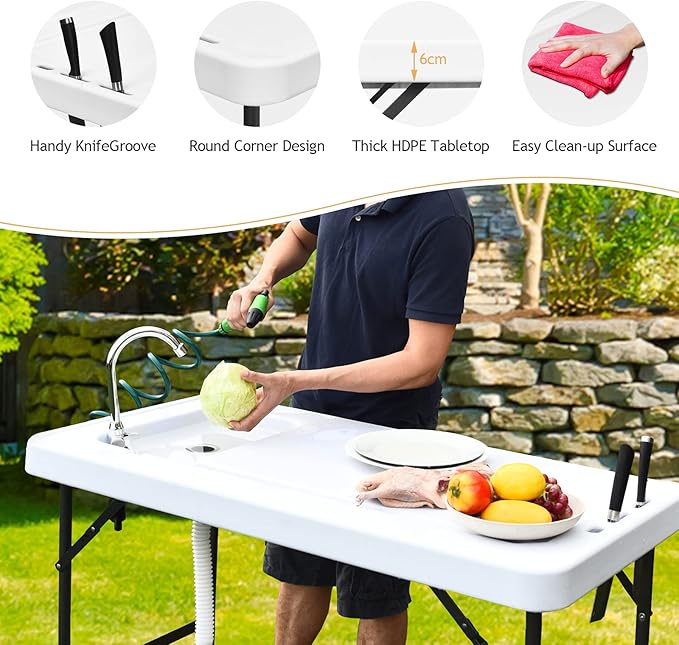Fish Cleaning Table with Sink Portable Camping Table w/Flexible Faucet &amp Sprayer Drainage Hose Hook Up Outdoor Fish Cleaning Station for Garden Backyard Kitchen (with Sprayer)