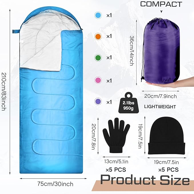 Tranqun 5 Packs Sleeping Bags for Homeless 5 Winter Beanies 5 Gloves Adults 0 Degree Camping Sleeping Bag Waterproof Lightweight for Donation Shelter