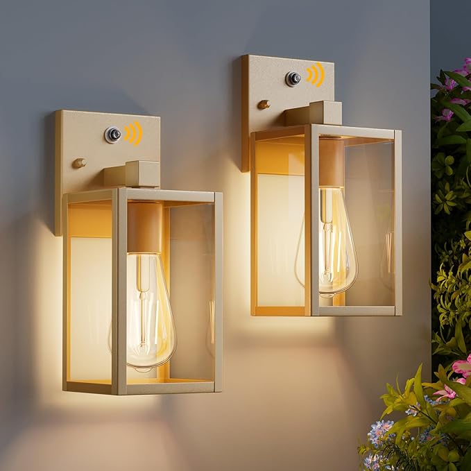 2 Pack Gold Dusk to Dawn Outdoor Front Porch Light Fixtures Wall Mount Sensor Exterior Lantern Lamp Outside Lights for House Waterproof Wall Sconce Anti Rust Coach Light for Garage Entryway