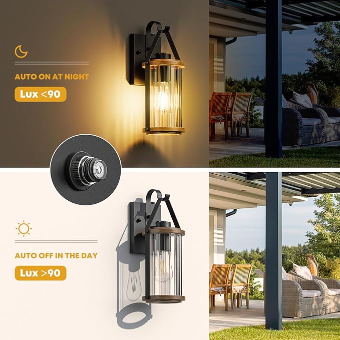 Dusk to Dawn Outdoor Light Front Porch Light Waterproof Exterior Lighting Fixtures Wood Effect Glass Modern Outside Light for House Patio Yard Garage Black 1 Pack