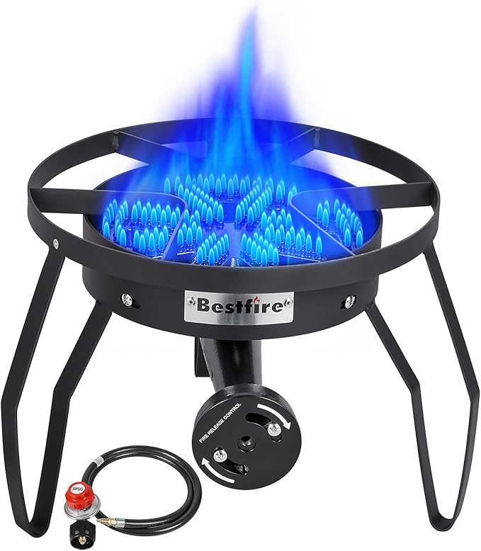 Bestfire 16 Single Propane Burner Camping Stove with 4 Feet High Pressure 0-20 PSI Gas Burner Adjustable Hose 200000 BTU for Frying Camping Home Brewing and Turkey Frying