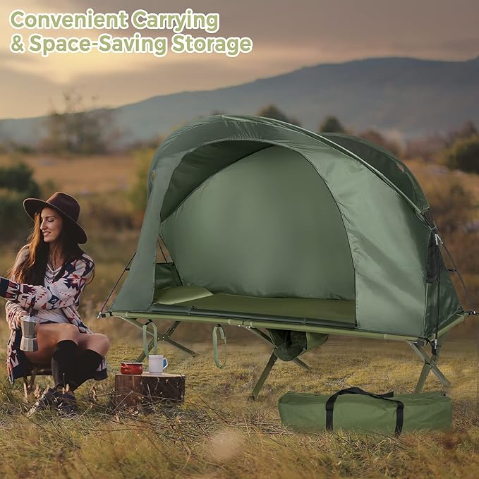 Tangkula 4-in-1 Camping Cot Tent Set Foldable Off Ground Elevated Tent for 1 Person Portable with Waterproof External Cover Air Mattress &amp Carrying Bag Ideal for Outdoor Hiking Camping