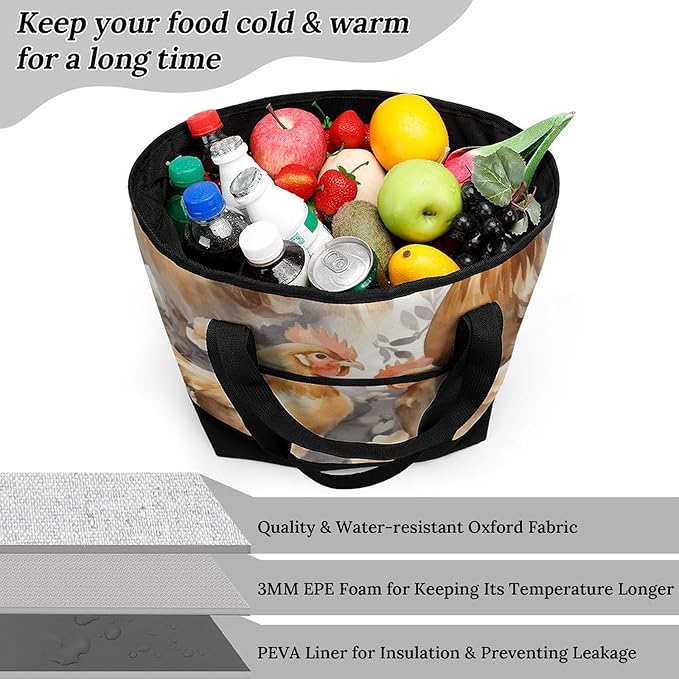 Insulated Shopping BagLarge Reusable Cooler Bags Chicken Duck Printed Foldable Shopping BagTravel Waterproof Shoulder Bag